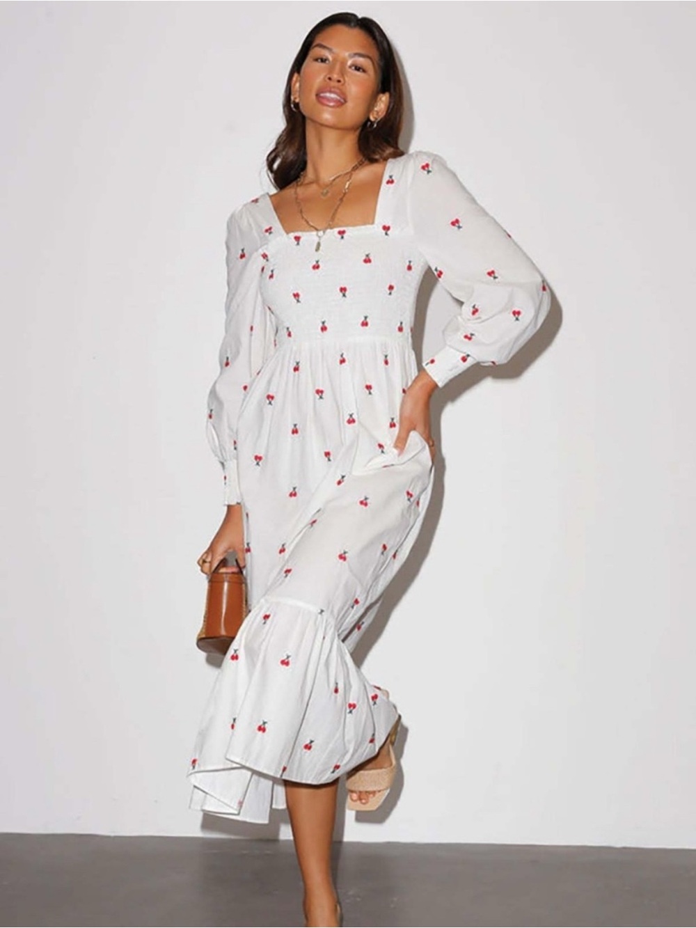 Never Fully Dressed White Midi Dress with Red Cherry Embroidery